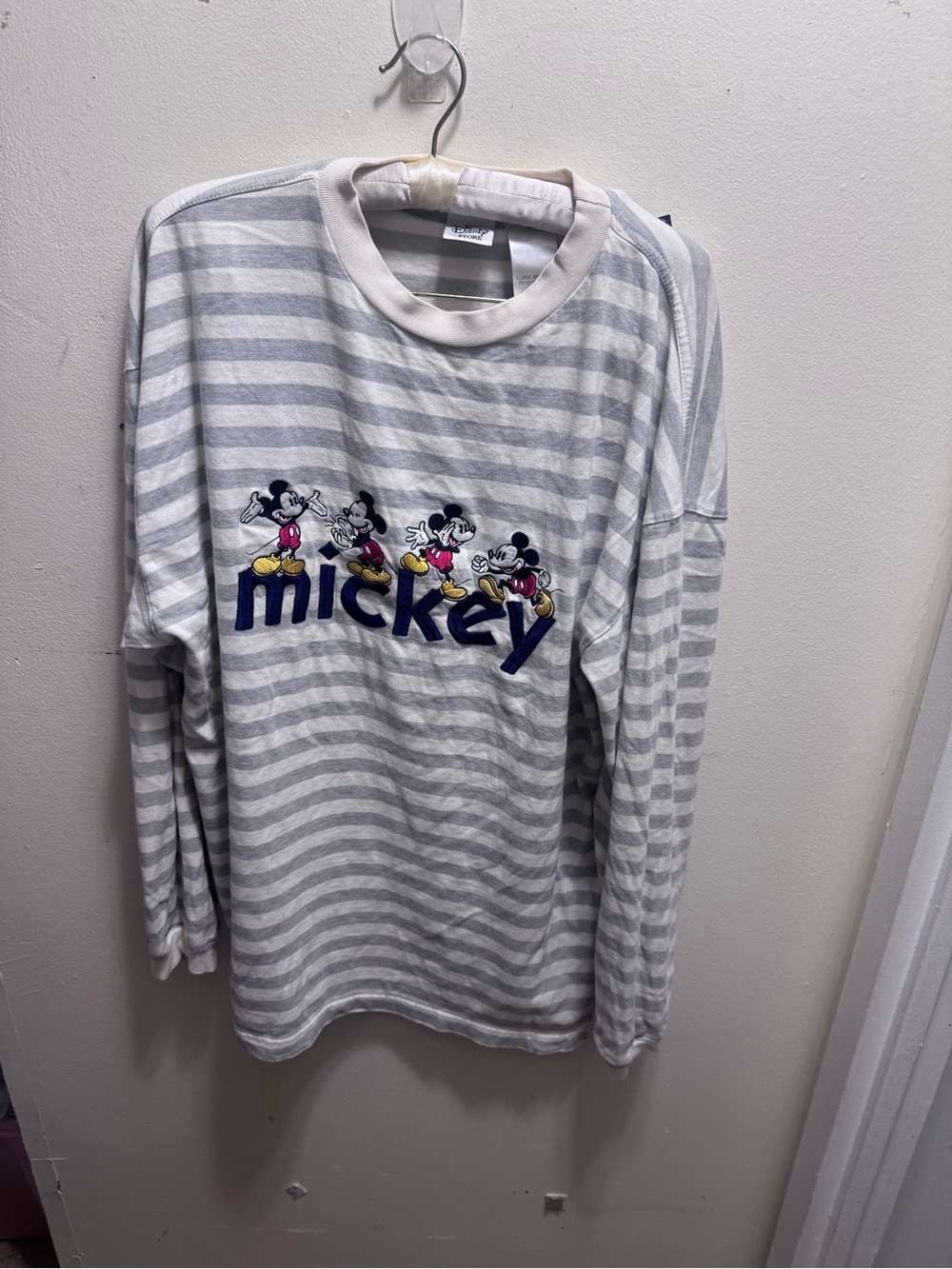 Vintage 90’s Disney Gray & White Striped embroidered Long-Sleeve Mickey Top XL